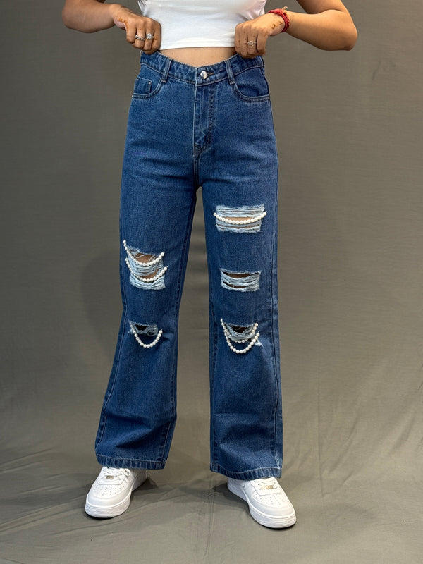 Women’s Ripped Denim Jeans with Pearl Detailing