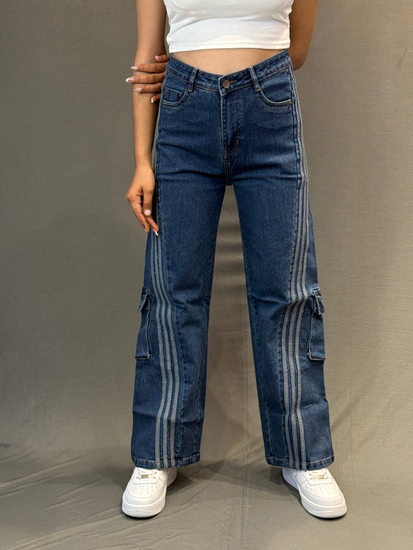 Women’s High-Waist Cargo Jeans with Side Stripes