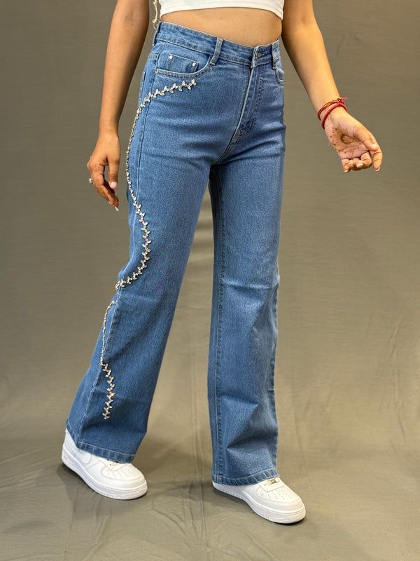 Women’s High-Waist Straight Fit Jeans with Crystal Detailing