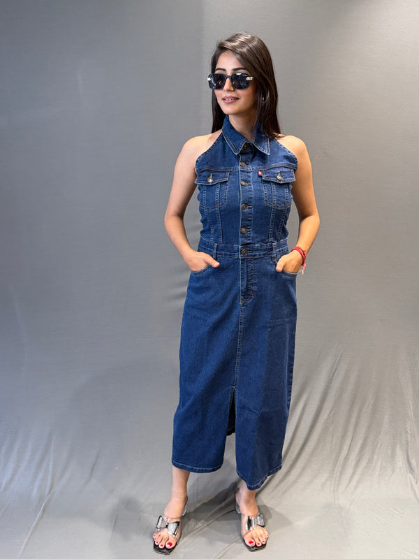 Women’s Sleeveless Halter Neck Denim Midi Dress