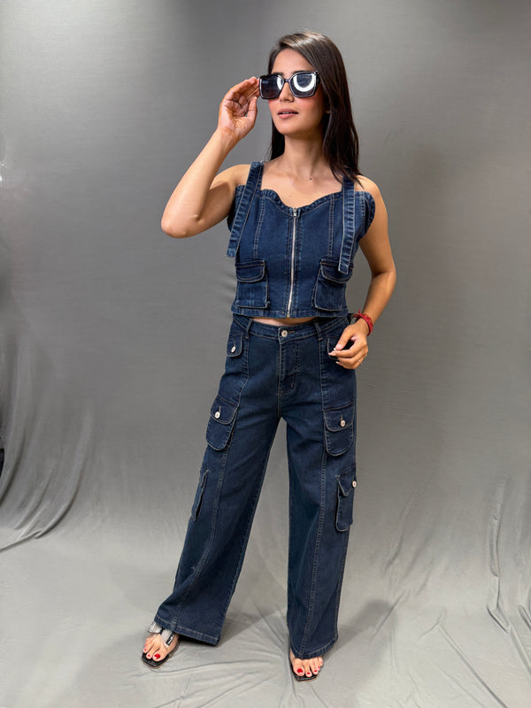 Dark Denim Cargo Co-ord Set for Women