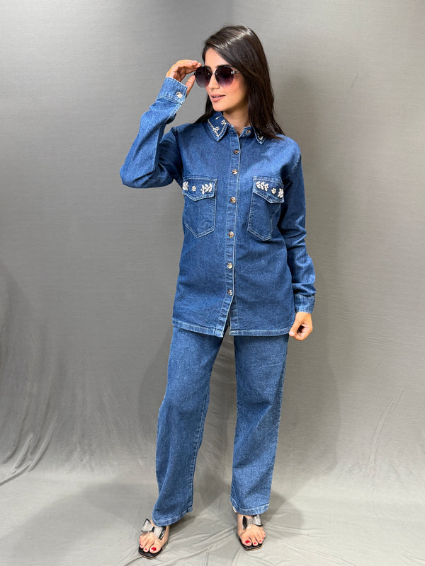 Embroidered Denim Shirt & Pants Co-ord Set
