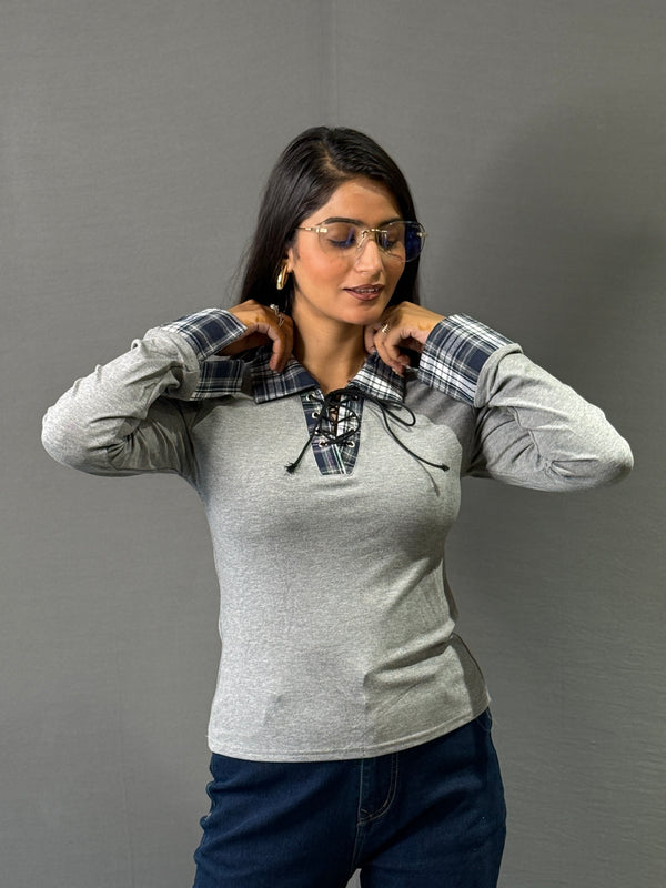 Women’s Casual Lace-Up Plaid Detail Top – Multi-Color Options
