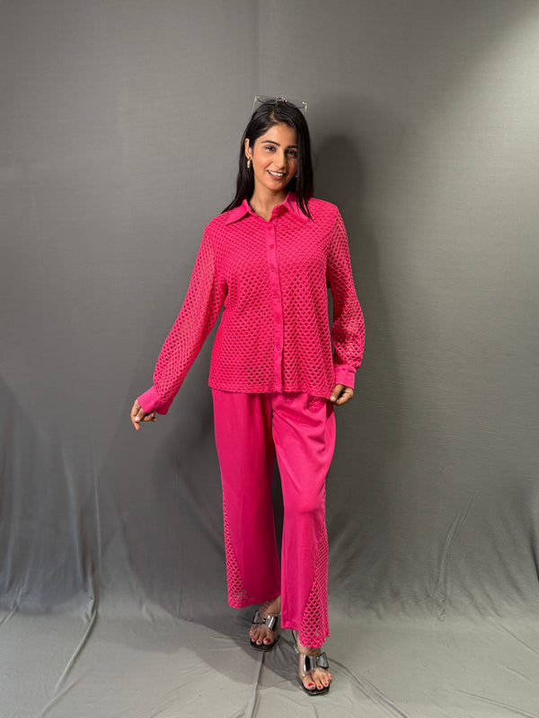 Hot Pink Textured Co-ord Set – Stylish Shirt & Wide-Leg Pants