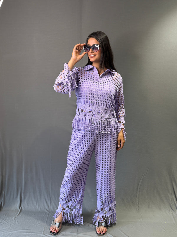 Women’s Fringe Textured Co-ord Set – Shirt & Wide-Leg Pants