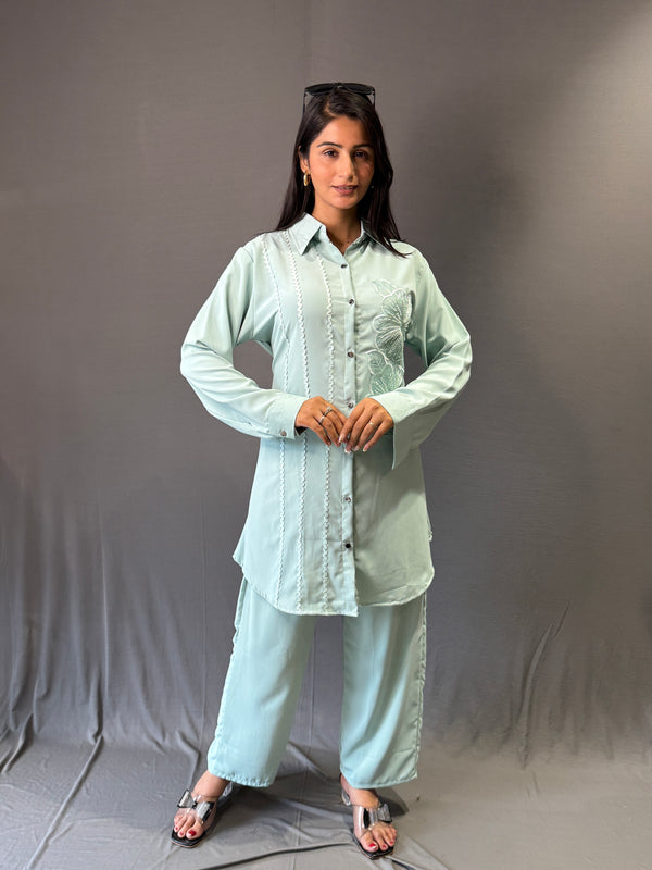 Elegant Embroidered Co-ord Set – Shirt & Trouser for Women