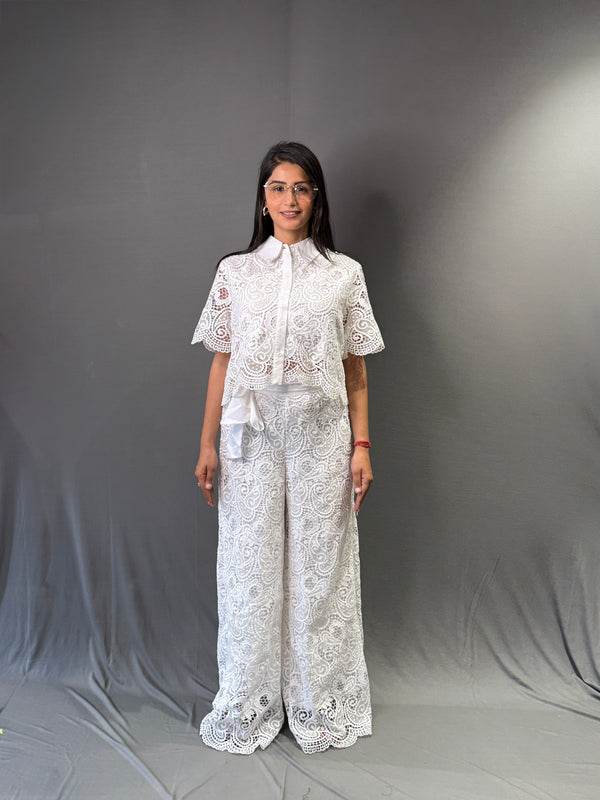Women’s White Lace Co-ord Set – Stylish Top & Wide-Leg Pants