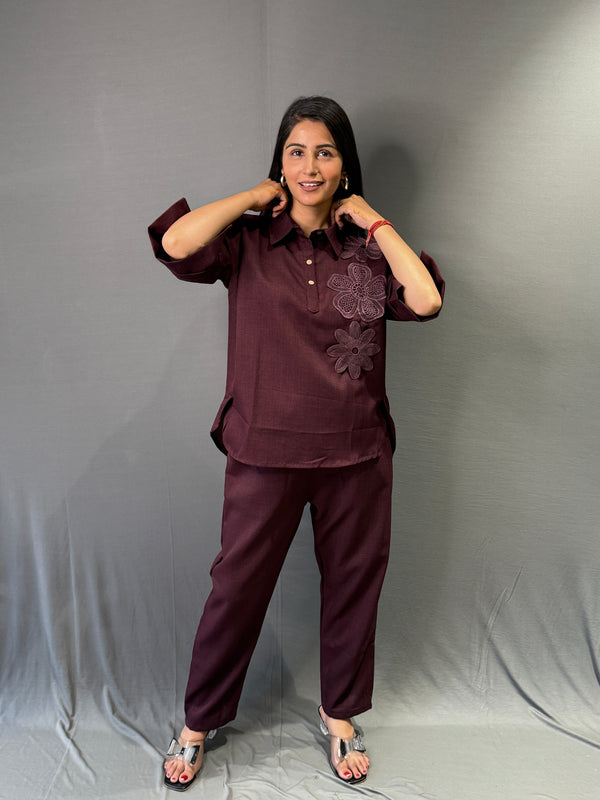 Women’s Maroon Embroidered Co-ord Set – Elegant Shirt & Trouser