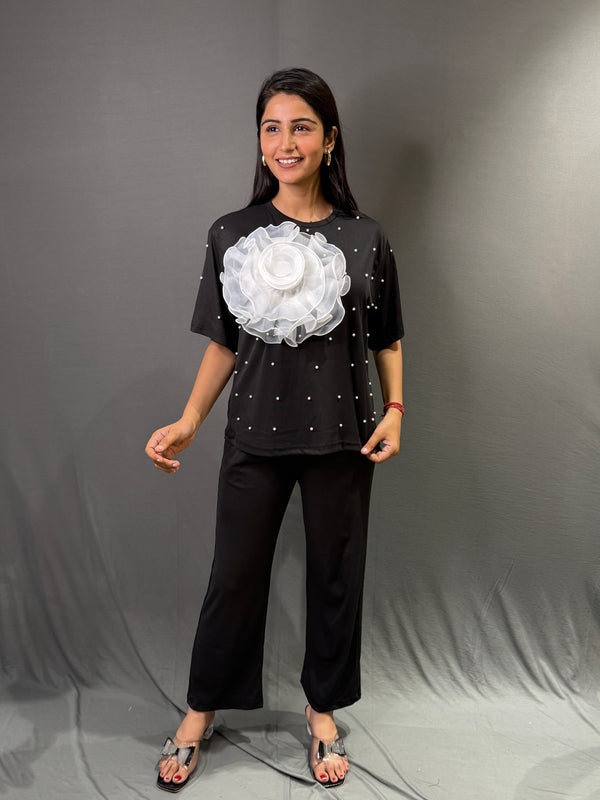 Women’s Black Co-ord Set with 3D Floral Design