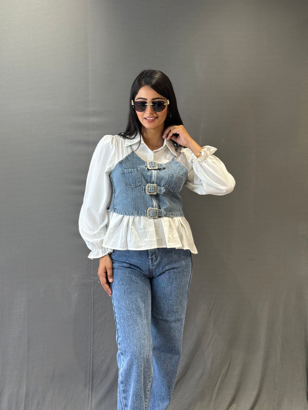 Women’s Denim Buckle Corset Layered Top