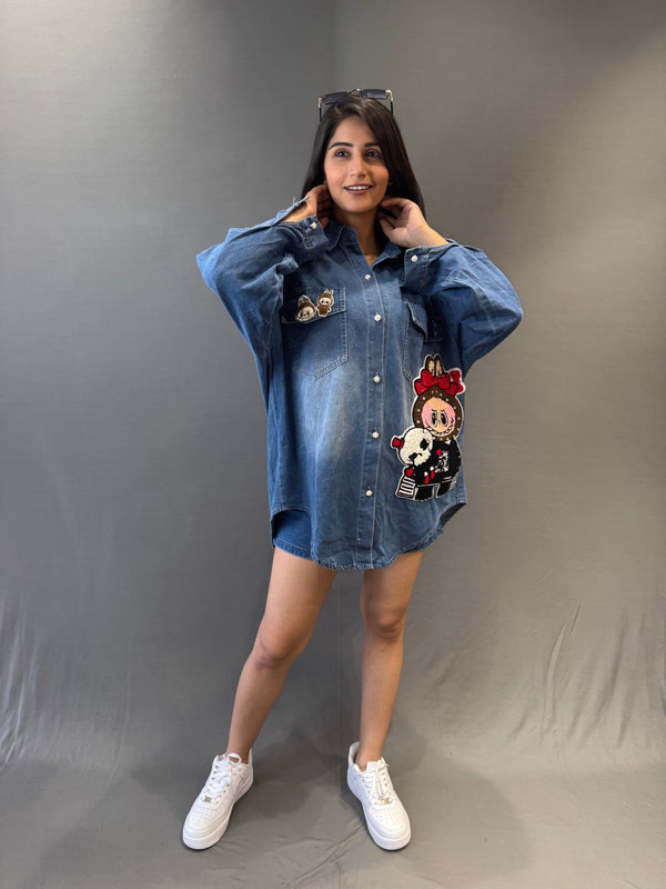 Women’s Oversized Denim Shirt  with Cartoon Patch