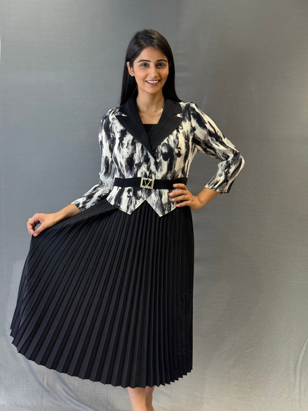 Women’s Black & White Pleated Midi Dress with Belt