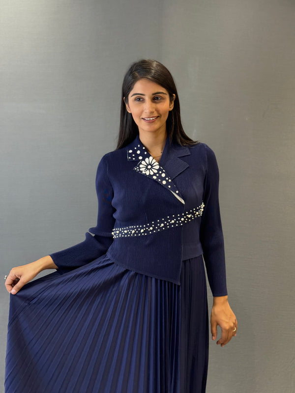 Women’s Navy Blue Pleated Midi Dress with Floral Embellishments