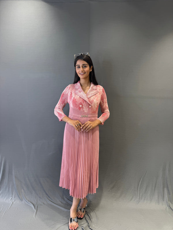 Women’s Pink Pleated Midi Dress with Textured Blazer Bodice