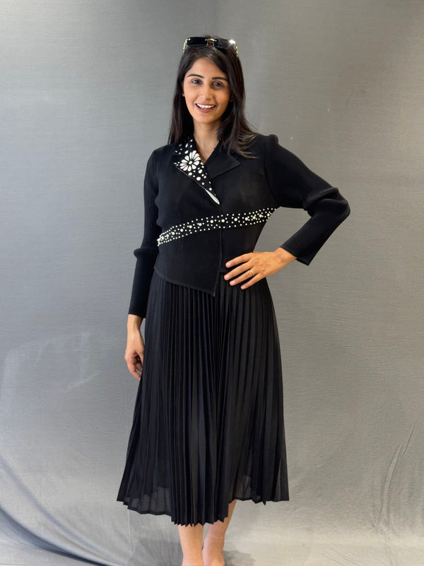 Women’s Black Pleated Midi Dress with Floral & Pearl