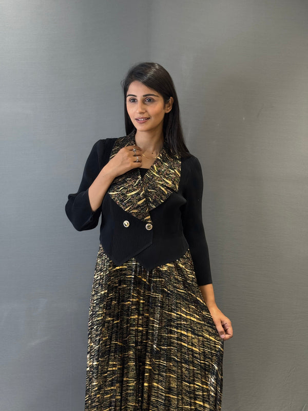 Women’s Black & Gold Pleated Midi Dress with Statement Collar