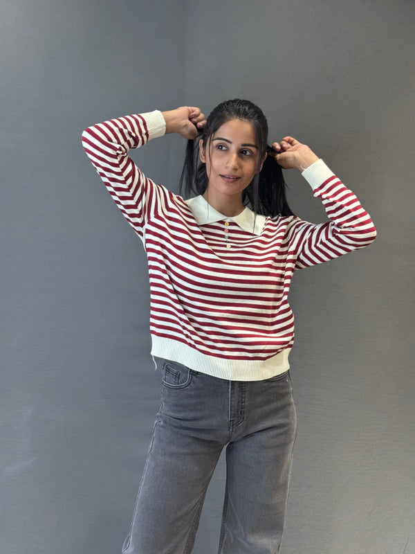 Women’s Striped Collared Knit Top with Button Placket