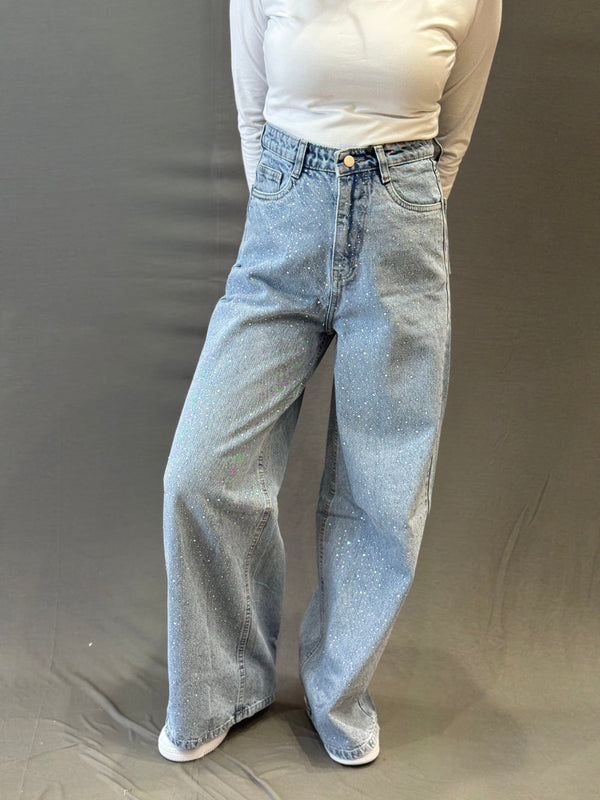 Women’s Light Blue Wide-Leg Jeans with Sparkle Detailing