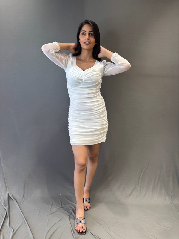 Women’s White Ruched Bodycon Mini Dress with Sheer Sleeves