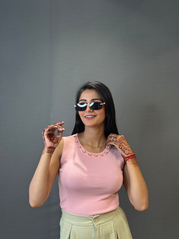 Pink Embellished Neck Sleeveless Top