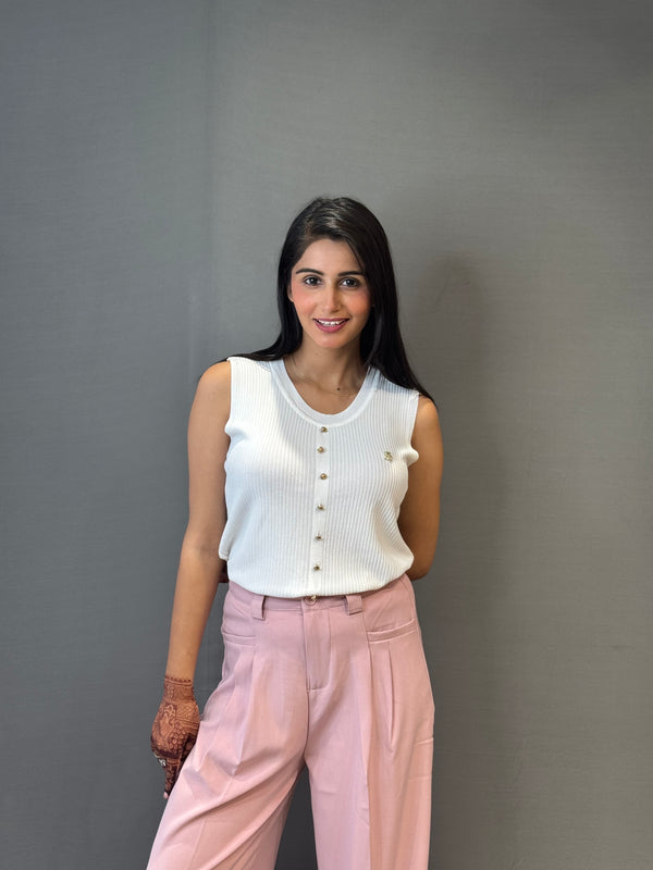 White Ribbed Button-Down Sleeveless Top