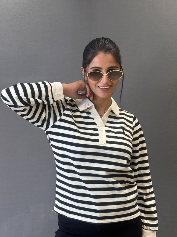 Women's  Striped Long Sleeve Polo Top