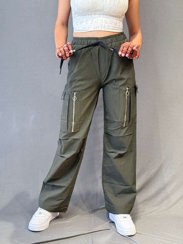 Olive green cargo pants with zipper pocket detailing