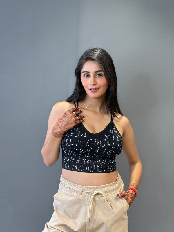 Black crop top with alphabet graphic print