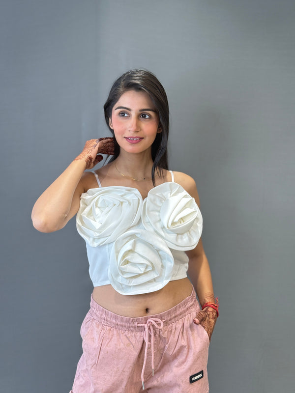 WHITE CROP TOP 3D ROSSETE