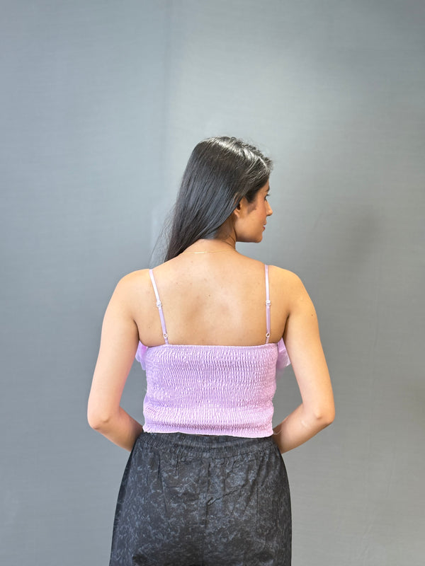 Lavender crop top with 3D floral appliqué design