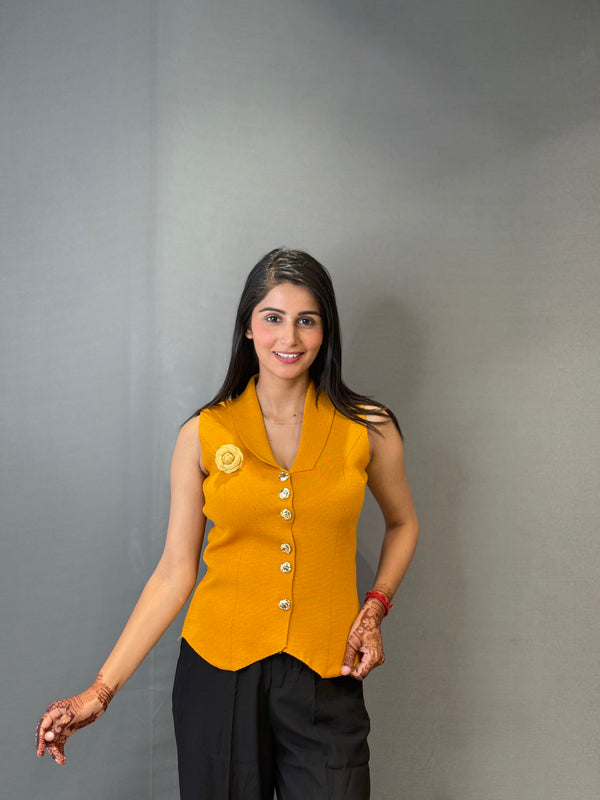 Yellow Sleeveless Button-Down Top