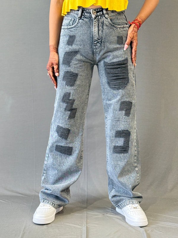 Acid Wash Distressed Straight-Leg Jeans