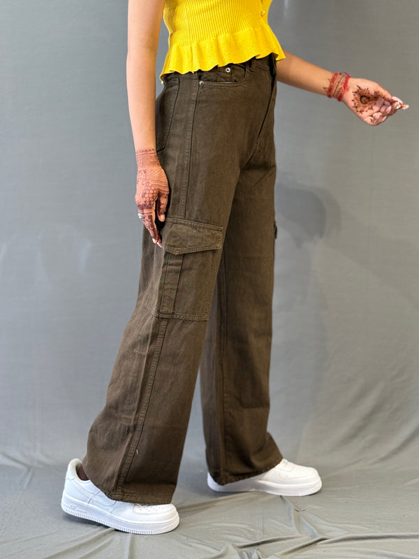 Cargo Wide-Leg Jeans – Olive Brown