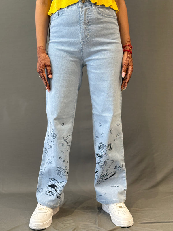 Light Blue High-Waist Straight-Leg Jeans with Graphic Print