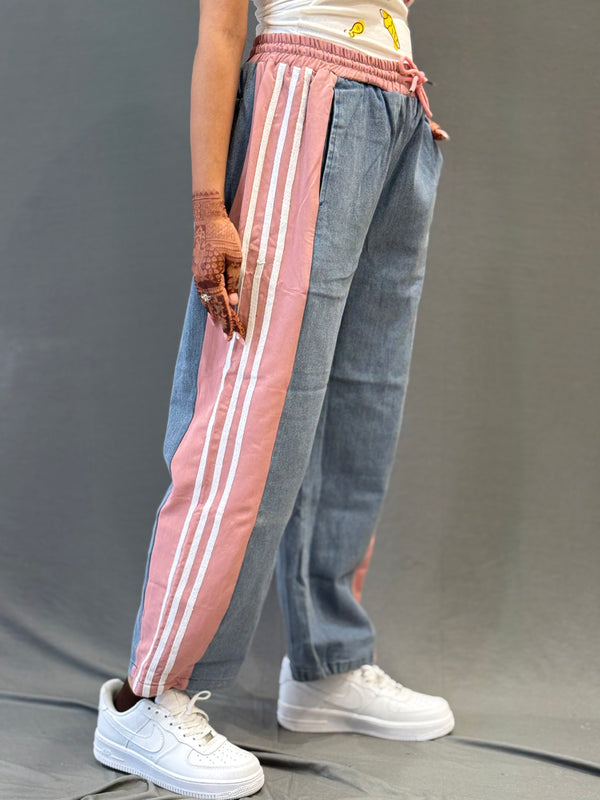 Denim Jogger Pants with Pink Side Stripes
