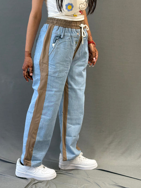 Denim Jogger Pants with Contrast Side Panels