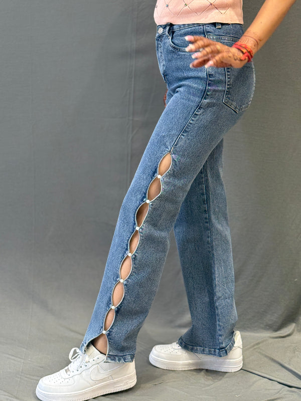 Jeans with Side Cut-Out Pearl Detailing