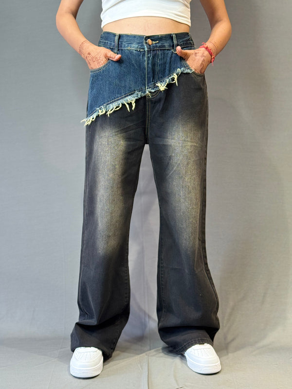 Asymmetrical Frayed Patchwork Wide-Leg Jeans
