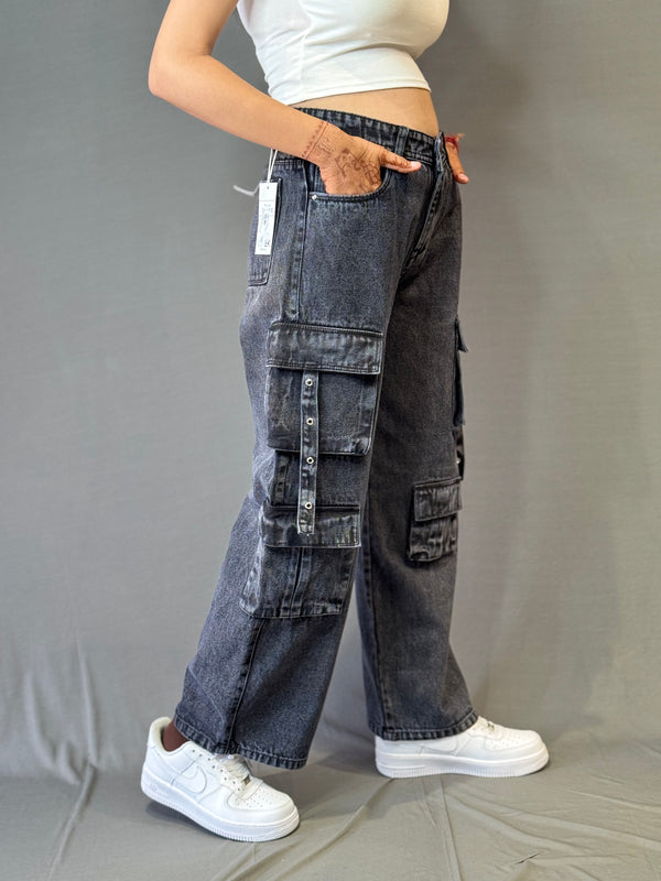 Washed Black Wide-Leg Cargo Jeans