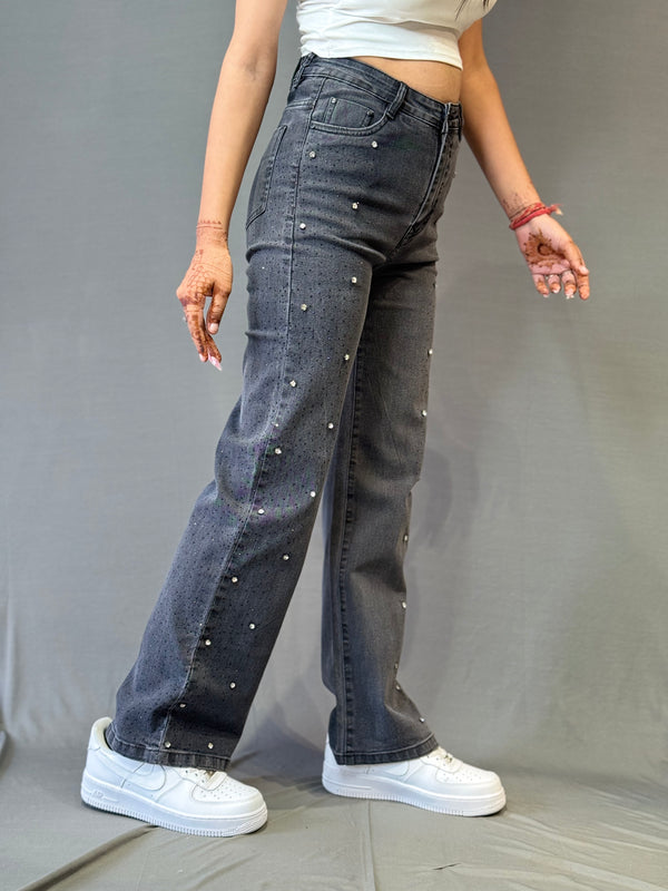 Embellished Black Straight-Leg Jeans with Pearl Detailing