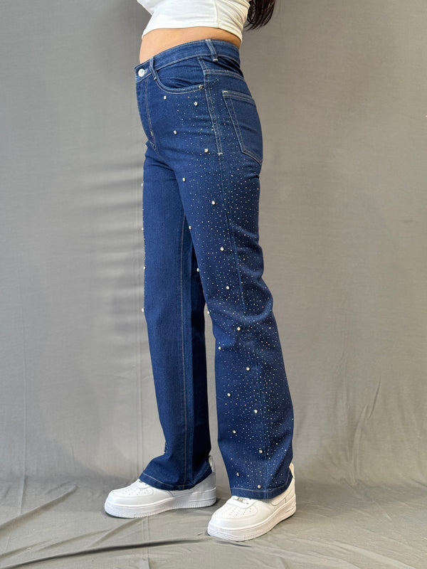 Blue Straight-Leg Jeans with Pearl & Rhinestone Embellishments