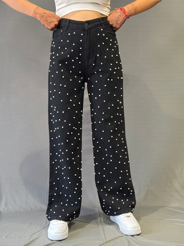 Black Wide-Leg Jeans with All-Over Pearl Embellishments