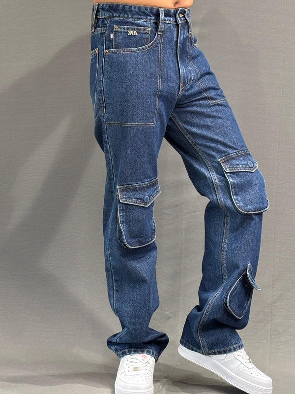 Men’s Blue Denim Cargo Jeans – Relaxed Utility Fit