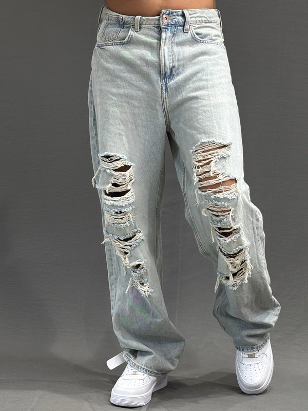 Unisex Light Wash Ripped Jeans – Distressed Loose Fit